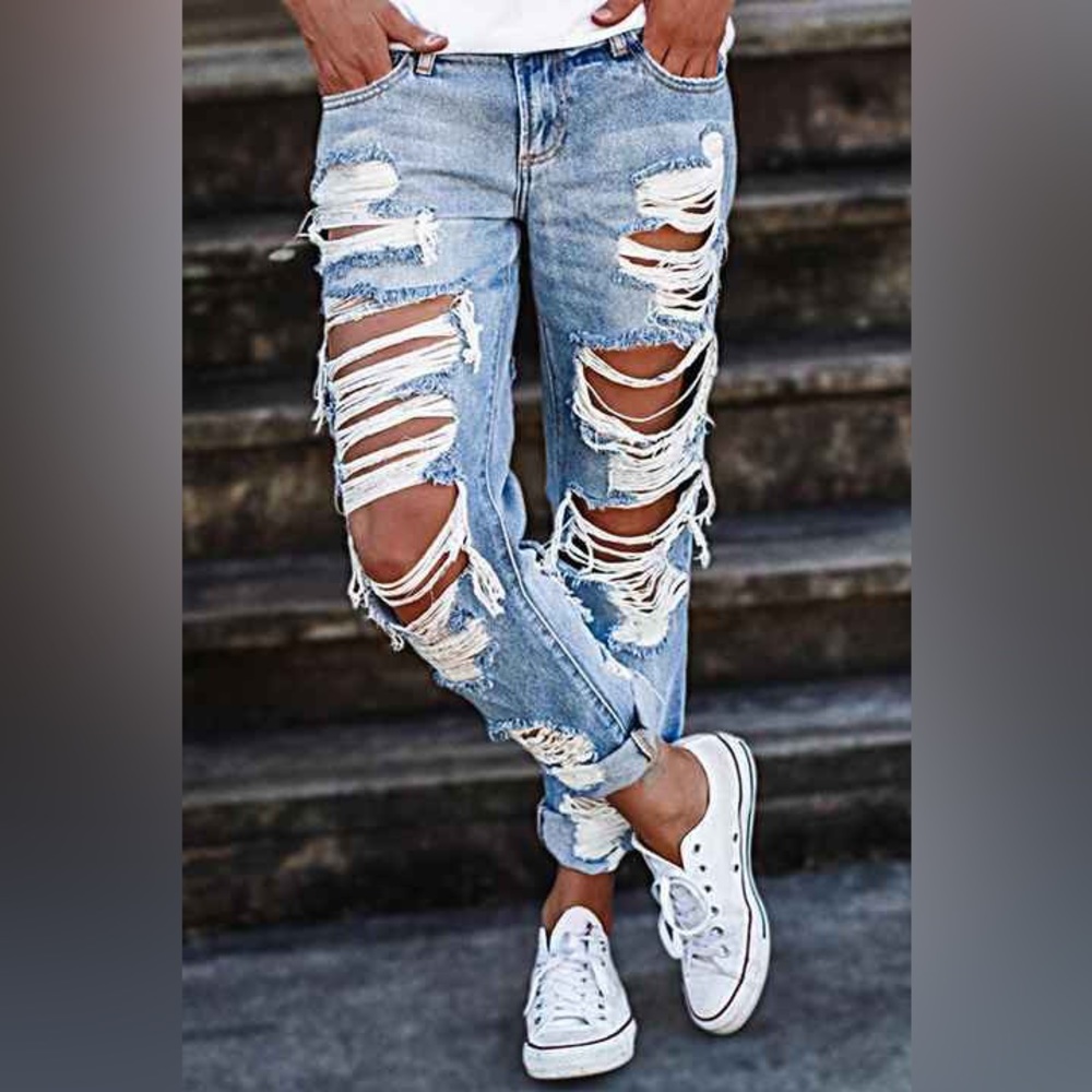 Distressed Light Blue Straight Leg Jeans